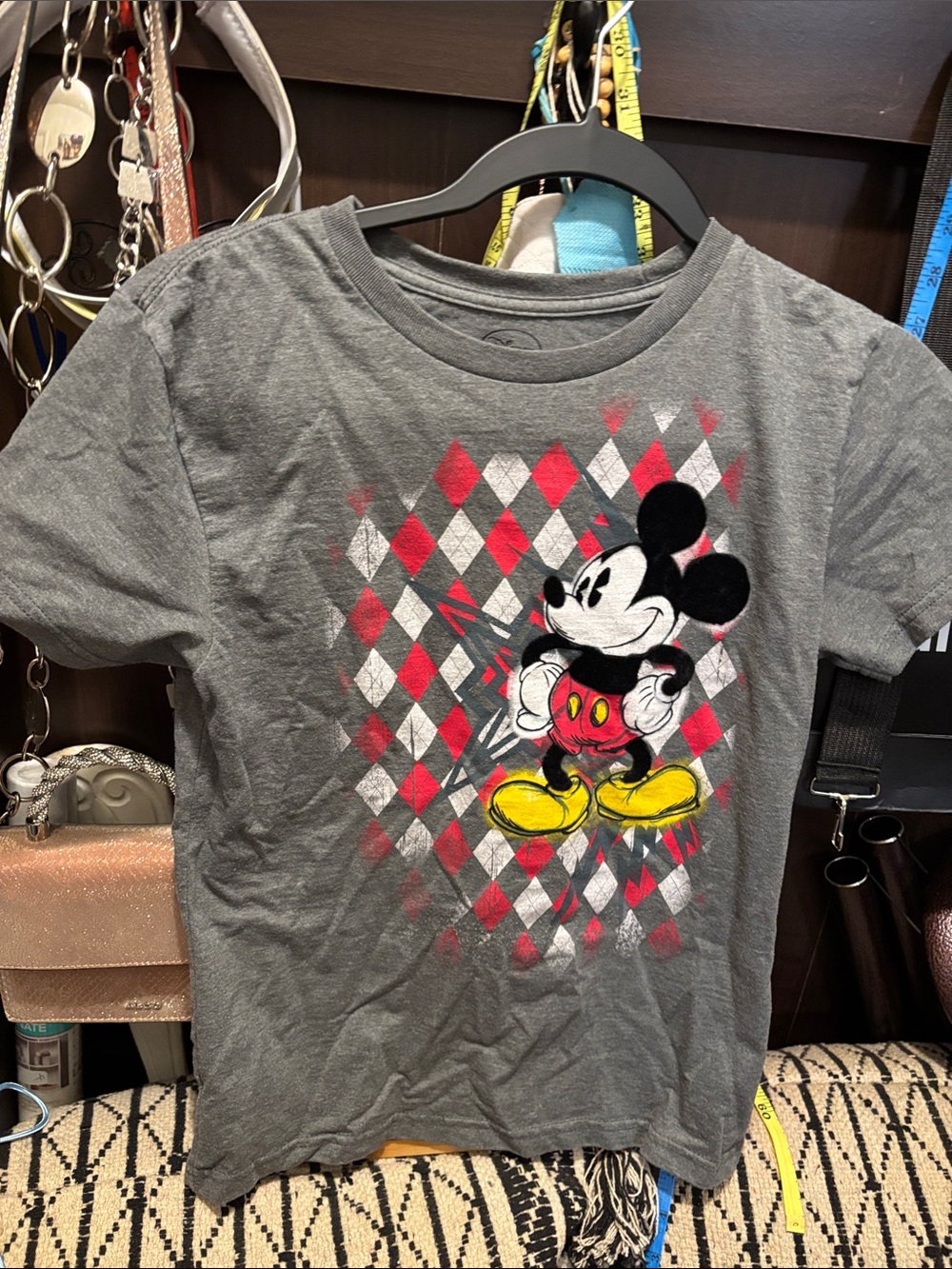 Disney Gray Tee with Mickey Mouse Graphic and Red Argyle